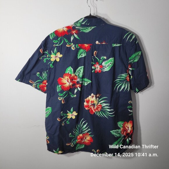 Vans L Navy Hawaiian Floral Cotton Button-Up Short Sleeve Classic Fit Shirt - Picture 2 of 7